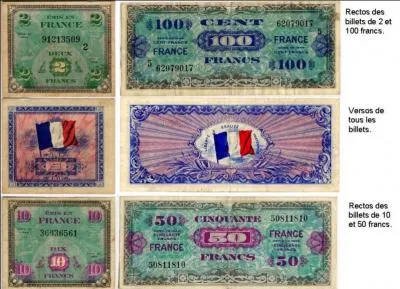 En 1944, pour la libération, les alliés avaient décidé de prendre en main la gestion du pays en attendant l'élection d'une nouvelle représentation. C'est l'AMGOT ! Cette organisation devait amener ses billets dans ses charrettes. Le général de Gaulle en tant que chef du GPRF interdit par une loi ! 
Comment appelait-on ces billets ?