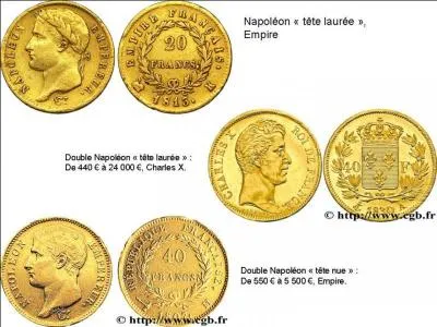 Avec la loi du 14 germinal an XI, Napoléon permet la création de deux pièces ? Elles sont appelées « Napoléon » et « Double Napoléon ». Leurs poids seront, respectivement de « cent cinquante-cinq pièces » et « soixante dix-sept et demie pièces » au kilogramme ». Elles sont en or.
Quelles sont ces pièces ?