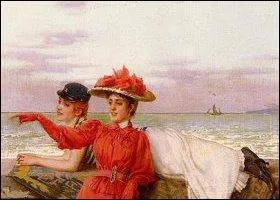 Où portent les regards de cette magnifique dame en rouge peinte par Vittorio Matteo Corcos, illustre portraitiste italien, contemporain ?