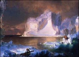 Ce tableau d'un paysagiste américain peignant souvent des paysages grandioses représente des icebergs.