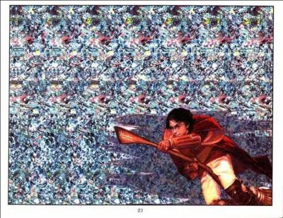 Harry vole fièrement en dessous d'une inscription et d'un objet qui sont :