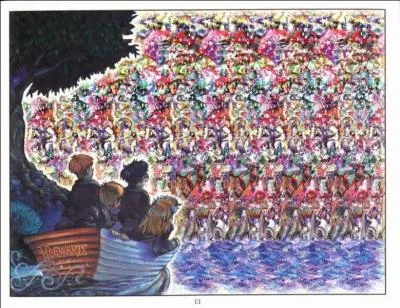 Les quatre élèves, fièrement postés sur leur barque, regardent en direction de...