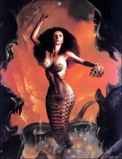 Femme et serpent à la fois, elle vivait dans une caverne en compagnie de Typhon et dévorait des voyageurs.