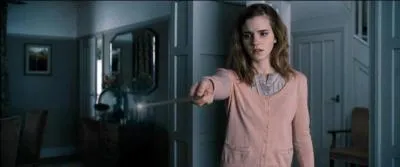 Un combat s'engage alors. Harry Potter prévient Hermione Granger que Lord Voldemort va arriver d'une minute à l'autre. Avant de transplaner et de revenir où ils campaient, quelle formule magique Hermione Granger lance-t-elle ?