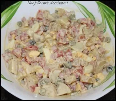 J'aime bien servir aussi une salade piémontaise, à base de pommes de terre, tomates, jambon, mayonnaise, sans oublier....