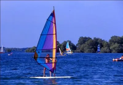Un véliplanchiste pratique la planche à voile, en position debout sur une planche submersible.