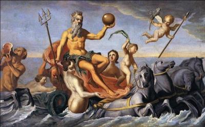 On représente Neptune, dieu romain de la mer, armé d'un trident.