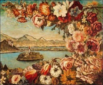 Qui a peint "Paysage, bâtiments, île et guirlande de fleurs" ?
