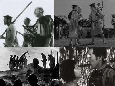 C'est un film de guerre, un drame japonais de 1954. Ce film a été réalisé par Akira Kurosawa. Takashi Shimura, Yoshio Tsuchiya, Toshiro Mifune font partie de la distribution. 
Des villageois demandent à des « guerriers » de les aider à lutter contre des brigands. Qui va gagner, les « guerriers », les villageois, les brigands ?
Quel est ce film ?