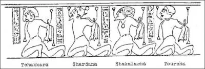 Vers 1200 av J.C, divisés au départ, ils deviennent une force compacte attaquant et dévastant toute la côte orientale jusqu'en Égypte, ils seront repoussés par Ramsès III : les