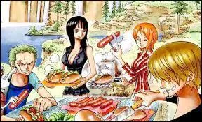 Nami et les autres vont pouvoir manger de bonnes saucisses grillées. C'est sûrement notre cher cuisiner qui a fait ce barbecue. Quel est son nom ?