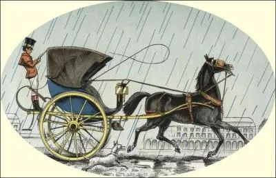 Voiture hippomobile légère montée sur deux roues et munie d'une capote en cuir qui peut se rabattre :