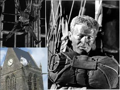 La scène où le parachutiste John Steele, resté pendu au clocher de l'église de Sainte-Mère-Église est erronée.
Pour quelle raison est-elle fausse ?