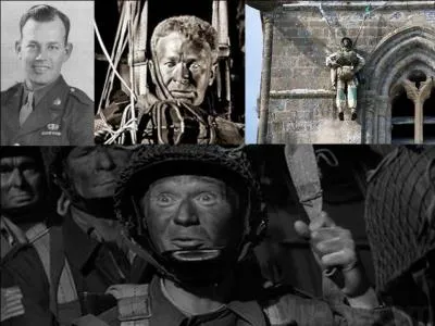 Continuons avec John Steele, ce parachutiste qui est resté accroché au clocher de l'église. Dans le film, il dit qu'il est resté 10 heures accroché au clocher avec les cloches qui l'ont rendu sourd ! 
Qu'est-ce qui ne va pas dans cette histoire ?