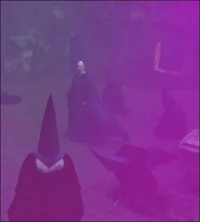 Voldemort excelle dans le rôle de l'orateur... l'autre personnage principal est cloué à une tombe, sous le regard apathique de la pleine lune... Les spectateurs, en demi-cercle, en prennent plein les yeux... Manquent à l'appel :