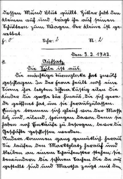 Décision complètement naz(i)e, l'écriture "Schwabacher" est taxée de "juive" par le régime hitlérien. Voici un des derniers exemples de "Sütterlin", en 1942, dans un cahier d'écolier...