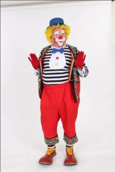 Je porte un pantalon à bretelles, des chaussures immenses et une perruque. Je suis...