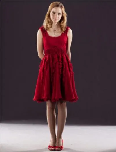 Cette très jolie robe rouge que porte Hermione, qui n'est pas à franchement parler une égérie de mode, à quelle occasion la porte-t-elle ?