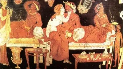 Apr&egrave;s le repas, le symposium ( la r&eacute;union o&ugrave; l'on boit) ! Apr&egrave;s avoir fait une libation, les convives d&eacute;signent un "roi du banquet" qui fixe les proportions de vin et d'eau que l'on m&eacute;langera dans le crat&egrave;re ainsi que le nombre de coupes qui seront bues. Ce n'est plus une beuverie mais carr&eacute;ment un acte rituel ! Tout en buvant, ils d&eacute;battent sur un th&egrave;me choisi par exemple. Un livre de Platon ?