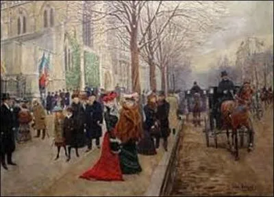 Quel peintre portraitiste et de genre est l'auteur de "Après l'office à l'église américaine de la Sainte-Trinité", peinte vers 1900 ?