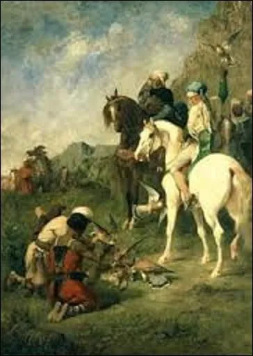 Quel peintre du mouvement orientaliste et aussi écrivain (1820-1876) a créé cette huile sur toile (H : 1, 62 m x L : 1, 18 m) s'appelant "Chasse au faucon en Algérie : la curée" vers 1863 ?