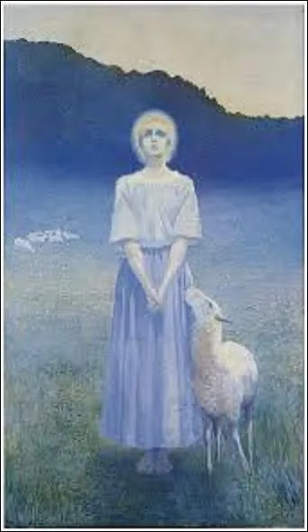 Ce tableau (H : 2, 35 m x L : 1, 38 m) présenté au Salon de la Société nationale des Beaux-Arts de 1892 portant le nom de "Vision" représente une hallucination de Sainte Geneviève, la patronne de Paris. Mais quel peintre symboliste (1857-1939) a créé cette oeuvre ?