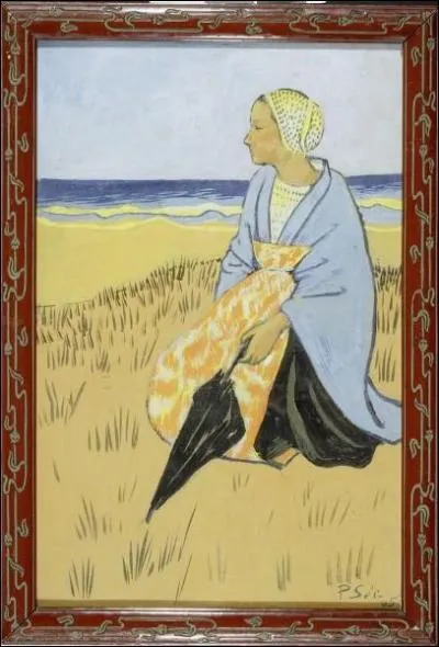Qui a peint "Jeune bretonne au parapluie et au châle assise au bord de la mer" ?