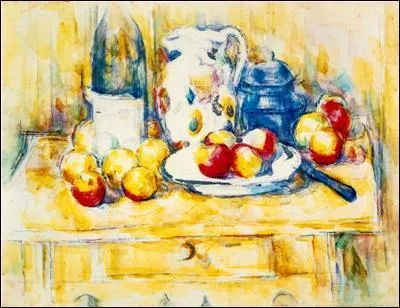 Cette nature morte représentant pommes, bouteille et pot de lait est un des nombreux tableaux peint par un célèbre peintre français. Lequel ?