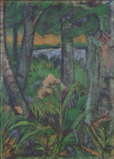 Qui a peint "Parcelle de forêt avec fleurs et étang" ?