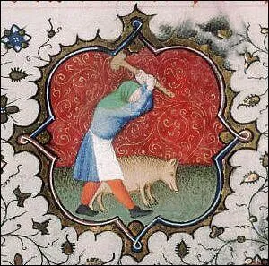 Au moyen âge, on tuait le cochon dans les fermes, cela continue encore aujourd'hui dans quelques fermes, mais pour les porcs de batterie, c'est l'abattoir. Cela s'appelait ...