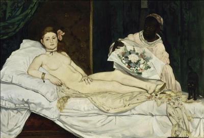 Voilà un tableau du peintre intitulé « Olympia », crée en 1863, qui fit scandale à l'époque. Le modèle, Victorine Meurent, symbolise une demi-mondaine. Pourtant, le peintre a représenté dans ce tableau un objet particulier qui appartenait à sa mère. Lequel ?