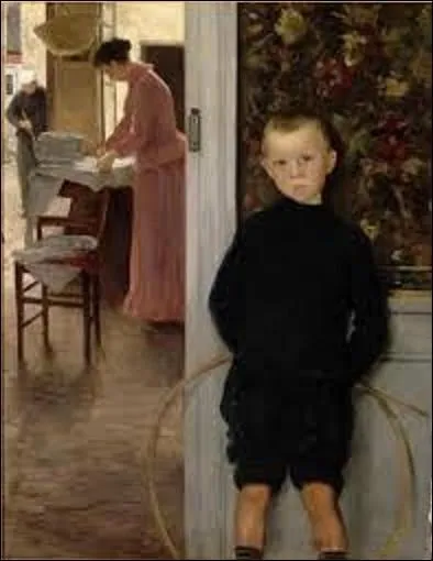 Peinte vers 1890, cette huile sur toile (H : 0, 48 m x L : 0, 38 m) intitulée "Enfant et femme dans un intérieur" est le tableau d'un peintre portraitiste (1844-1929) qui se nomme :