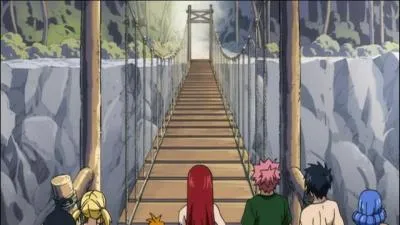 Dans l'entraînement des grands jeux intermagiques, Erza et sa bande reçoivent un message de trois personnes pour leur parler. Ils doivent traverser un pont pour s'y rendre. Qui utilisent-ils comme cobaye pour en tester la solidité ?