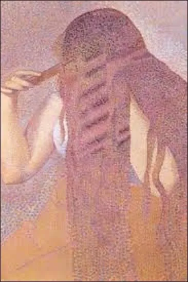Dans cette uvre appelée "La chevelure" (H : 0, 61 m x L : 0, 46 m), datée d'environ 1892, ce peintre (1856-1910) pointilliste, proche du mouvement libertaire, prend pour modèle sa future épouse Irma Clare, alors mariée à l'écrivain Hector France (1837-1908). Mais quel artiste a peint cette huile sur toile ?