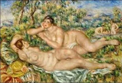 Ce tableau appelé "Les baigneuses" (H : 1, 10 m x L : 1, 60 m), peint vers 1918 et 1919, est emblématique des recherches menées par cette artiste à la fin de sa vie. En effet, à partir de 1910, ce peintre (1841-1919) membre à part entière du mouvement impressionniste, revient à l'un de ses sujets de prédilection : des nus en plein air, auxquels il consacre de grandes toiles. Mais quel est son nom ?