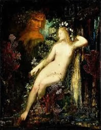 Le sujet de ce tableau qui est une huile sur bois (H : 0, 85 m x L : 0, 66 m) peinte vers 1880, intitulée "Galatée", est tiré de la 12e fable du livre XIII des Métamorphoses d'Ovide (poète romain né en 43 av. J.-C. et mort vers 18 ap J.-C-) relatant la jalousie du cyclope Polyphème envers l'amour qu'éprouve Galatée pour le berger Acis. Mais quel symboliste (1826-1898) a créé cette uvre ?