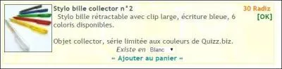 Combien de couleurs sont disponibles pour le stylo QuizzBiz dans la boutique du site ?