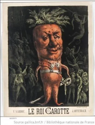 L'affiche créée par Henri Meyer en 1892 présente « Le Roi Carotte » de Victorien Sardou et Jacques Offenbach. De quel genre théâtral est issu cet opéra-bouffe ?