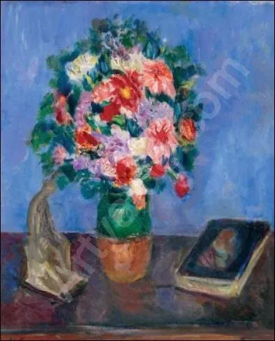 Qui a peint "Vase de fleurs, statuette et livre" ?