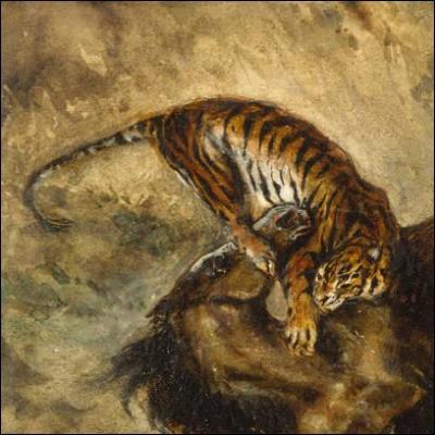 Dans cette œuvre d'Eugène Delacroix, quel animal terrasse le cheval ?