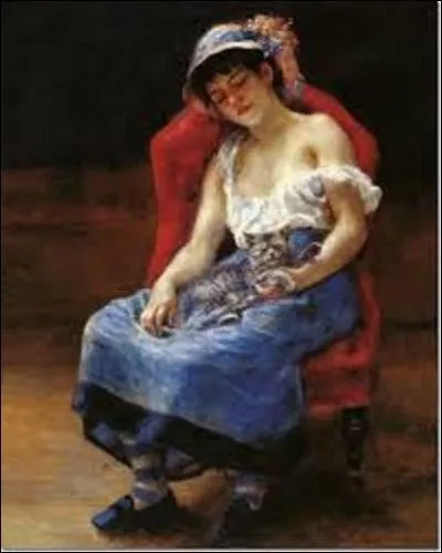 Pourriez-vous me citer le nom de cet artiste peintre impressionniste qui a créé cette uvre intitulée "La jeune fille au chat", en 1879 ?
