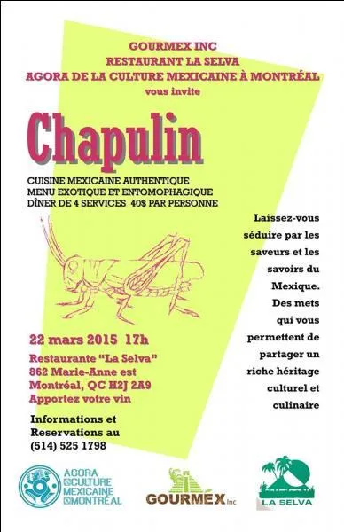 Mais voici un autre restaurant raffiné de Montréal. Sur son menu, une belle sauterelle appétissante qui se prépare à sauter sur votre langue une fois bien rôtie. Regardez le menu et trouvez le nom de ce restaurant que vous n'oublierez jamais.