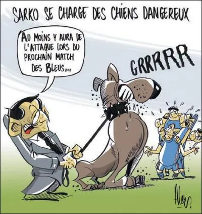 En repoussant un chien tenu en laisse par son maître ...