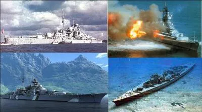 Pour des raisons de propagande, l'un des protagonistes annonça que ce navire avait été coulé par ses obus et torpilles. Environ 50 ans plus tard, on se rendit compte que son équipage l'avait sabordé. De toute façons, on sait qu'il était hors de combat à ce moment ! 

Quel est ce navire (réponse 1 ou 2) ?
Quelle fut sa fin (réponse 3, 4 ou 5) ?