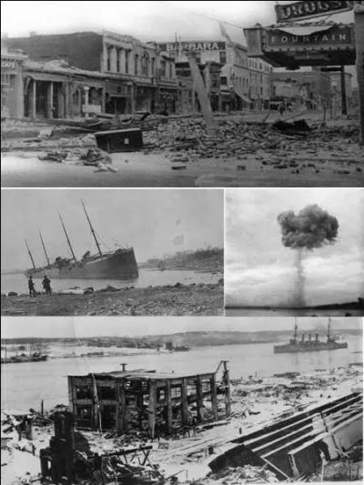 Ces navires provoquèrent la mort d'environ 2 000 personnes. Pire, ils ont provoqué un raz-de-marée de 18 m de haut. Cela se passait le 6 décembre 1917. Ils provoquèrent une des explosions les plus importantes de l'histoire. On ne retrouvera rien d'un des deux navires.

Quels sont ces navires (réponse 1 ou 2) ?
Quelles furent leur fin (réponse 3, 4 ou 5) ?