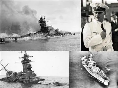 Nous sommes au large de Montevideo, un navire coule. Le commandant de ce navire se suicide. Quelques jours avant, son navire avait subi des dégâts qui le rendaient incapable de retourner chez lui.

Quel est ce navire (réponse 1 ou 2) ?
Quelle fut sa fin (réponse 3, 4 ou 5) ?