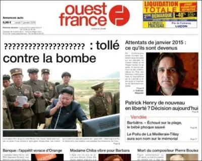 A propos de quel pays, Ouest-France titre-t-il à sa une : "Tollé contre la bombe" ?