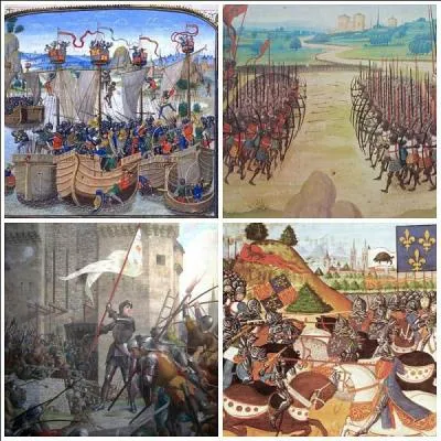 La guerre de cent ans opposa la dynastie des Plantagen&ecirc;t &agrave; celle des Valois. L'illustration ci-contre montre quatre batailles de cette guerre. Que repr&eacute;sente la partie inf&eacute;rieure gauche de cette illustration ?