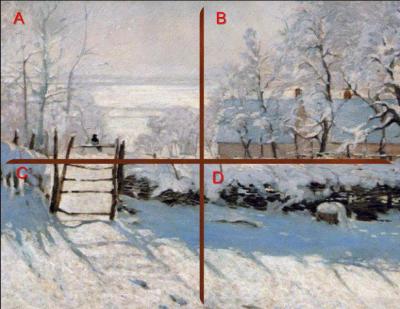 Dans quelle partie du tableau de Claude Monet se trouve la pie ?