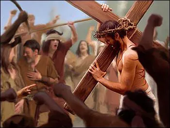 Sur le chemin de croix, la plupart des gens de son peuple lui crachèrent au visage et lui donnèrent des coups de poing.